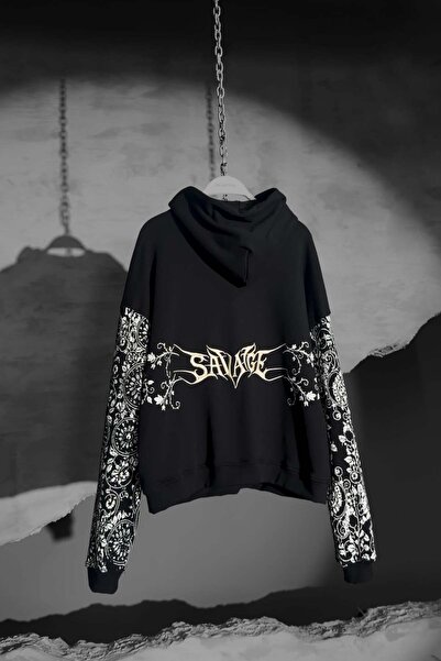 Slatra Erkek Siyah Savage Nakışlı Oversize Hoodie