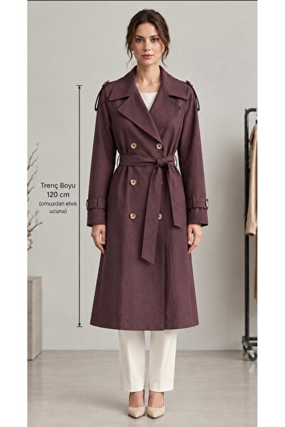 SheLoria Women's Plum Double-Breasted Collar Belted Long Trench Coat