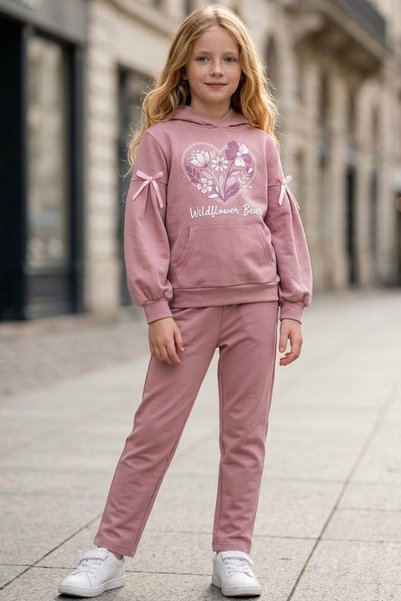 mycuess Girl's "Wildflower Bear" Premium Oysho Fabric Hooded Tracksuit Set
