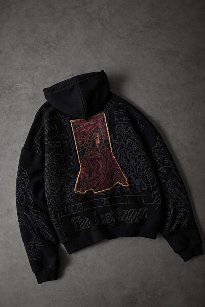 Slatra Erkek Siyah Sanctum Kadife Patch Oversize Hoodie