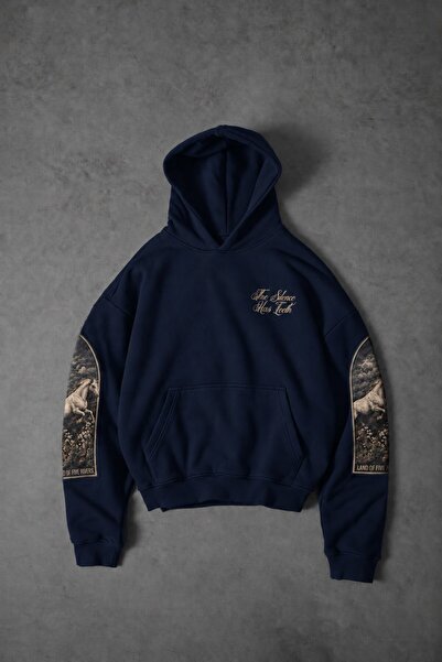 Slatra Erkek Lacivert Silence Patch Nakış Oversize Hoodie