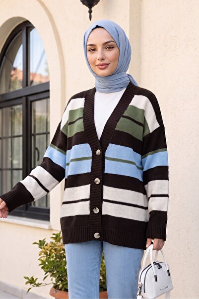 HİJABAYA V-Neck Colorful Striped Patterned Buttoned Loose Knitwear Cardigan -...