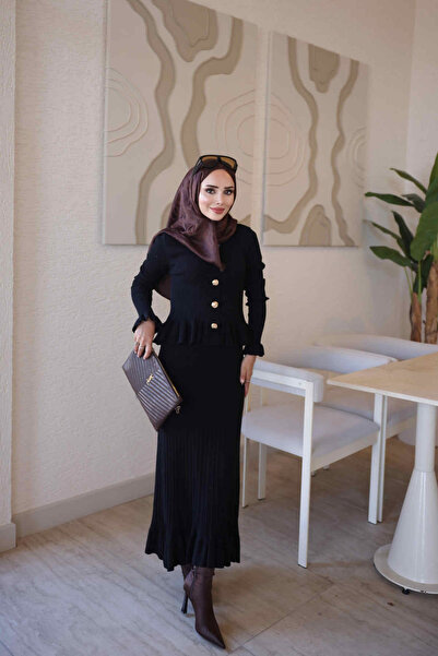İmajButik Siyah Corsman Fırfırlı Triko Hırka Etekli Takım