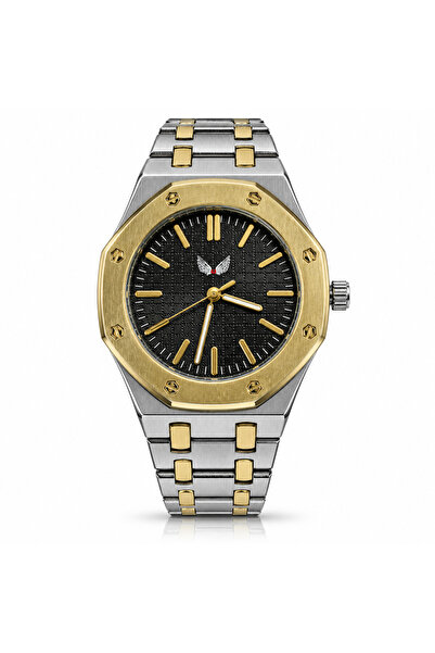 ULYSSES Men's Quartz Watch with Silver and Gold Metal Bracelet, Black Dial