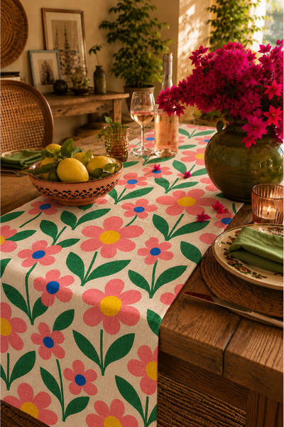 SasoHome Happy Bloom | Renkli Papatya ve Çiçek Desenli Retro Botanik Dekoratif Masa Runner