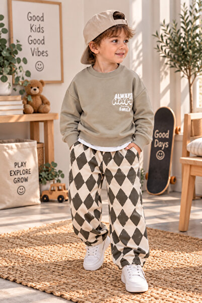 Neo Kids Su Yeşili Sweatshirt ve Karo Desenli Bol Paça Eşofman Takımı