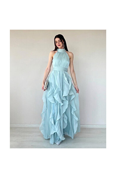 ALPŞAN TİCARET Rochie de seara pentru femei, albastru marin, cu volane, decol...