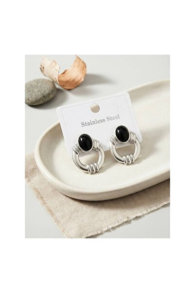 evimdeyokyok 316L Steel Silver Color Vintage Black Stone Earrings Tj-Bkp12036