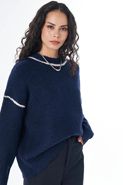 Kayra Stripe Detailed Knitwear Sweater Dark Navy Blue