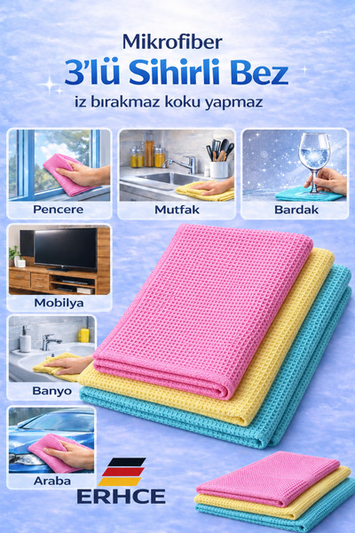ERHCE Mikrofiber Temizlik Bezi 3'lü microfiber sihirli cam ayna bezi Yüksek s...