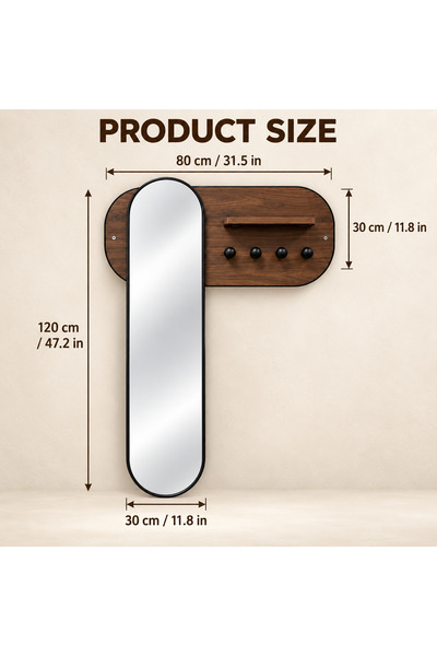 Generic Brand 120 x 80 cm Wall-Mounted Mirror—Full-Length Mirror with Shelf and Hooks (Features 4 hooks and a wooden back panel); suitable for entryways, walk-in closets, bedrooms, and home décor.
