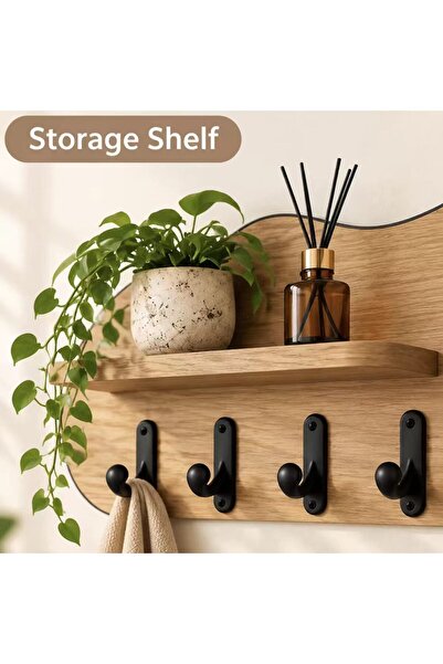 Generic Brand Modern-style entryway mirror featuring hooks, a shelf, and a wooden storage panel; an asymmetrical, full-length wall-mounted mirror suitable for entryways and walk-in closets.