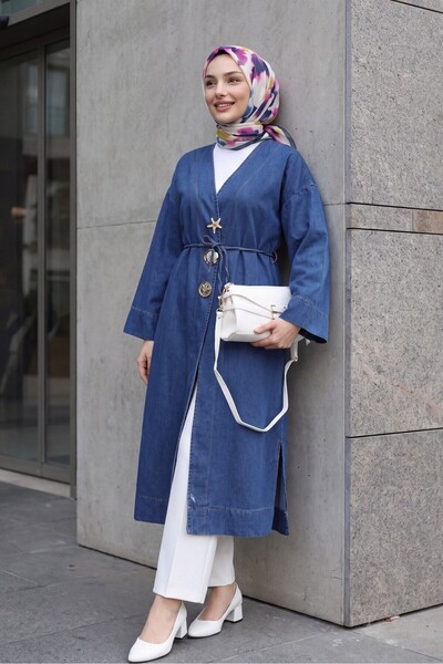 Modamorfo Beli Lace-Up Brooched Slit Long Denim Kimono -Indigo