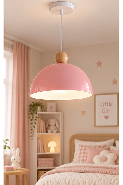 Buiva Pembe Sarkıt Avize Ahşap Top Detay E-27 Duy 25cm Çap Çocuk Odası Avize