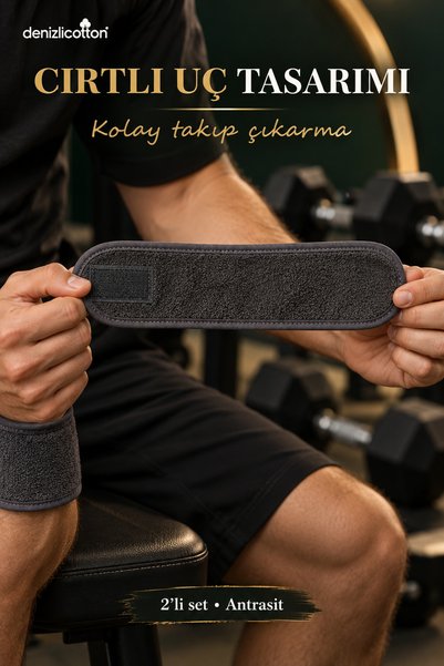 denizlicotton Pachet de 2 brățări sportive pentru transpirație, din catifea super moale, cu velcro, 8 x 25 cm, antracit