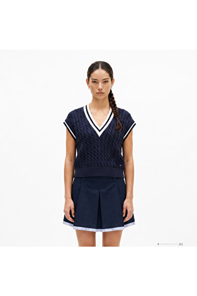 Tommy Hilfiger Tipping V Yaka Cable Kadın Lacivert Triko
