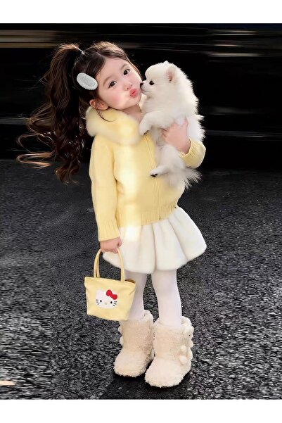 Genel Markalar Kız Çocuk Kışlık Peluş Yakalı Kapüşonlu Fermuarlı Hırka Etek T...