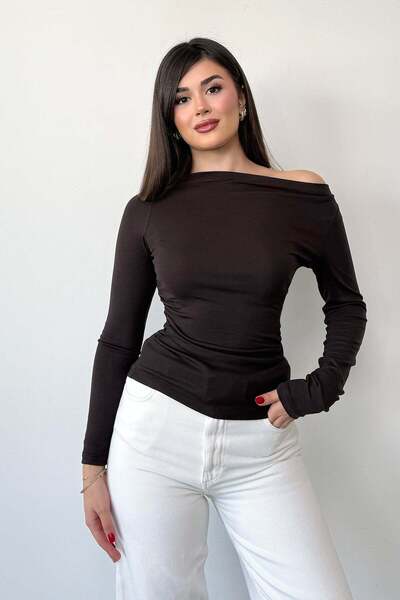 GİYSA Women's Boat Neck Gathered Detailed Blouse Brown - 27K 2526
