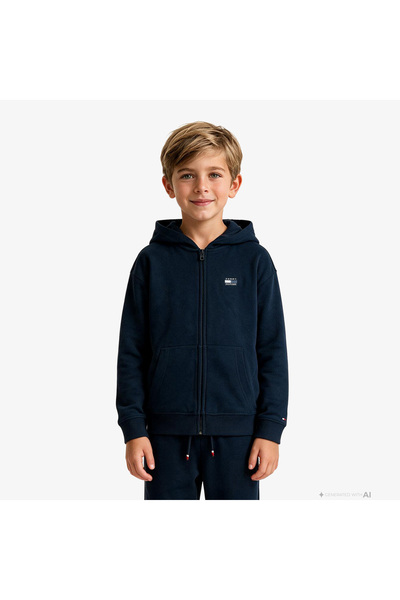 Tommy Hilfiger Tonal Flag Zip Through Çocuk Lacivert Sweatshirt