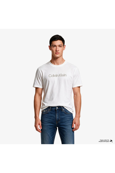 Calvin Klein Men's Regular Cut Round Neck Logo Printed Short Sleeve White T-S...