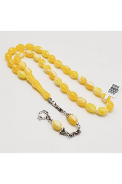 Generic Brand Amber Scrab Rosary with MoonStar Charm – 33 Beads 8-12mm Yellow & White Oval Prayer Tasbih 21g