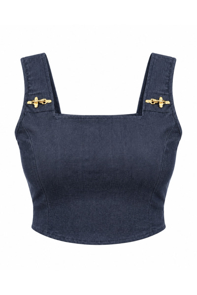 Capri.co Kadın Lacivert Gold Çıtçıt Detaylı Kare Yaka Likralı Denim Görünümlü...