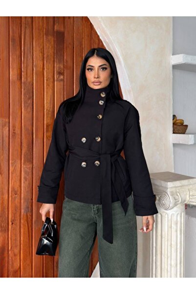 mylunessa جاكيت ترنش أسود بياقة عالية ومبطن ومرصع بالأزرار