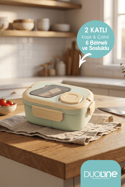 Vela 2 Katlı 6 Bölmeli Sızdırmaz Kapaklı Kilitli ve Kaşıklı Lunch Box Beslenme Kabı