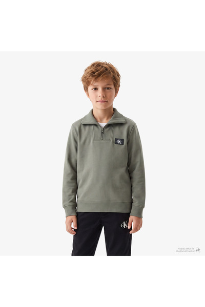Calvin Klein Terry Woven Label Half Zip Çocuk Yeşil Sweatshirt