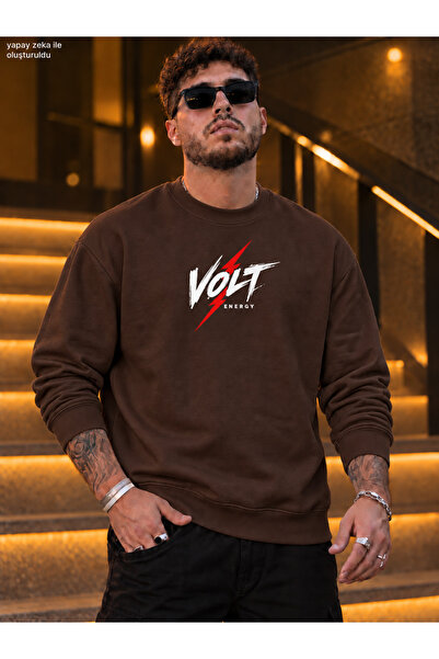 caddekombin Men's Lightning Detailed Volt Energy Written Crew Neck Casual Reg...