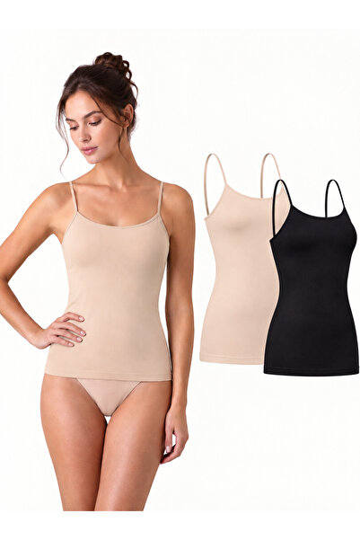 SONNORS 2-Pack Women's Tank Tops in Skin Color and Black with Thin Straps, Se...