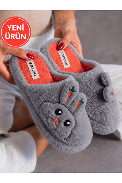STOCON Women's Gray Rabbit Figured Carrot Detailed Plush Fluffy House Slipper...
