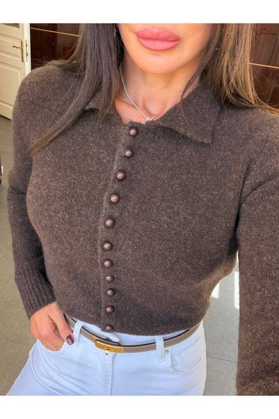 Koçer Triko Women's Chocolate Brown Button Detailed Fitted Polo Neck Blouse