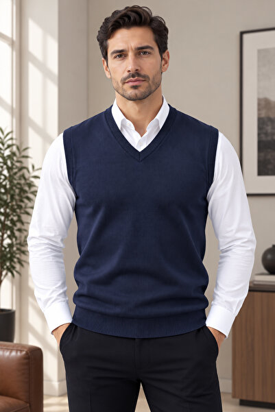 Beyome Men's 100% Cotton V-Neck Sweater Classic Cut Sleeveless Knitwear Pullover