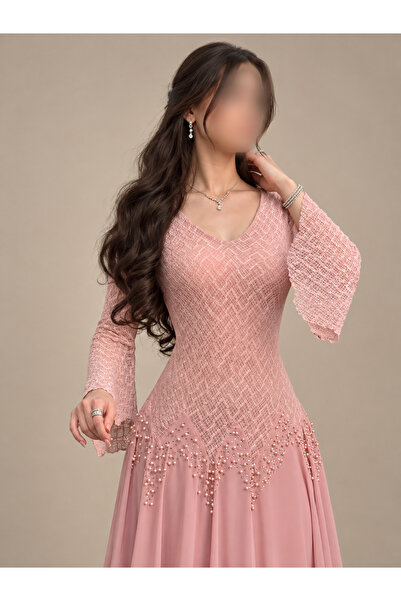 Rose Pink Evening Dress with Beaded Pearls and Bell Sleeves