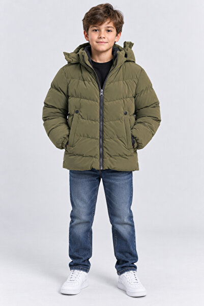 AHENGİM Boy's Hooded Inflatable Coat with Zipper Pockets Winter Coat Navy Blu...