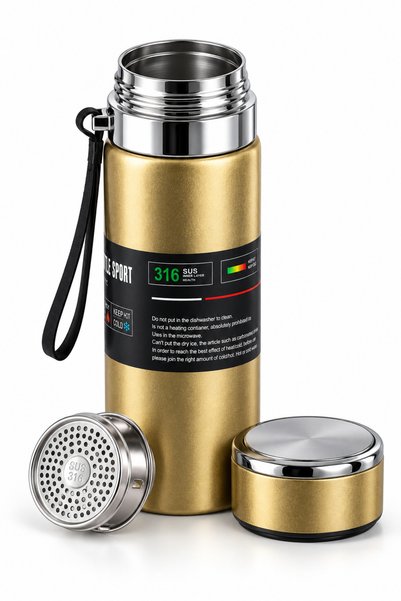 olzora 800ml Vacuum Insulated Thermos Flask – SUS316 Stainless Steel Bottle with Tea Filter, Cup Lid & Wrist Strap – Hot & Cold, Gold