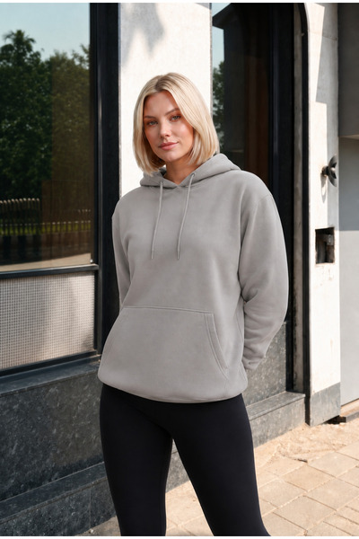 TKT Women's Basic Hooded 3 Thread Regular Fit Stone Color Sweatshirt with Kangaroo Pocket