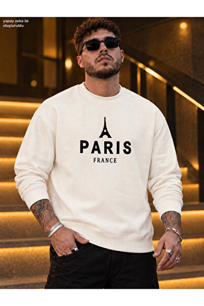 caddekombin Men's Eiffel Tower Illustration and Paris France Printed Crew Nec...