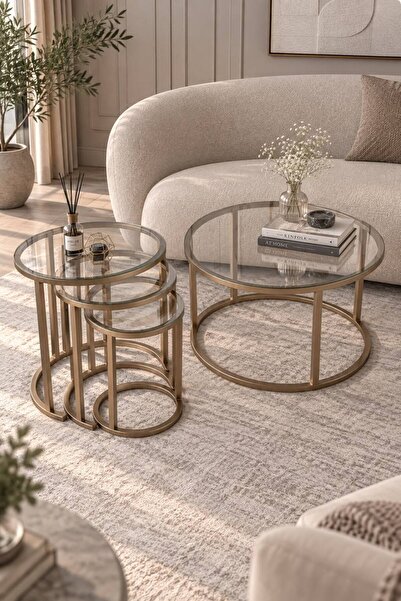 Dekoport Royal 75cm Orta Ve Zigon Sehpa Seti Pirinç Eskitme Renk Metal - Temp...
