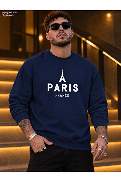 caddekombin Men's Eiffel Tower Illustration and Paris France Printed Crew Nec...