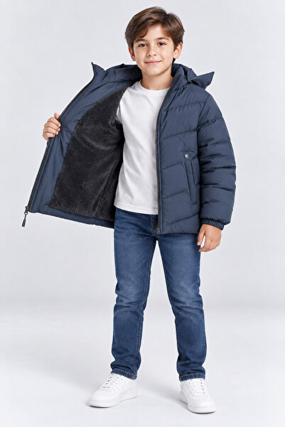 AHENGİM Boy's Hooded Inflatable Coat with Zipper Pockets Winter Coat Navy Blu...