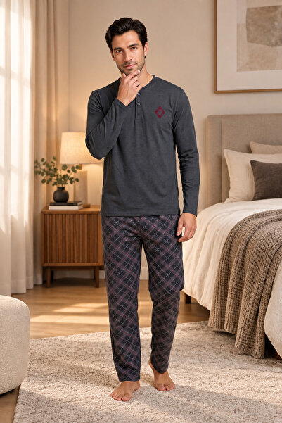 FALKOM 5800 Interlock Winter Fabric Plaid Pajama Men's Home Pajama Set