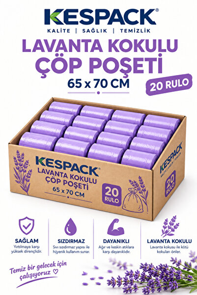 KESPACK Büzgüllü Çöp Poşeti Lavanta Kokulu 65x70 Cm Büyük Boy 20 Rulo Dayanık...