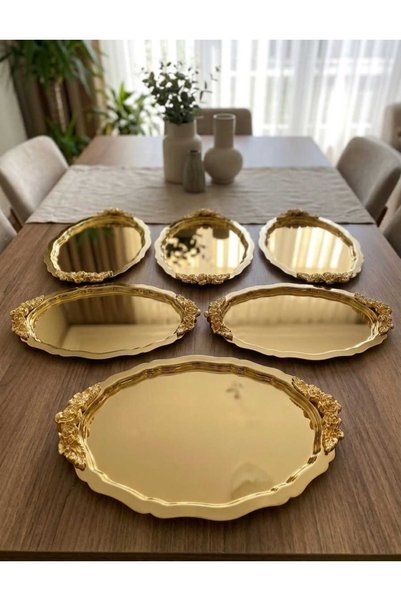 RoyalDecorHome Gold 6-Piece Stainless Steel Oval Coffee and Presentation Tray with Handles