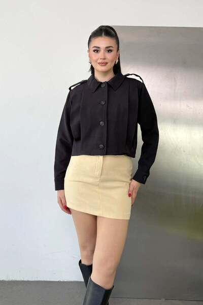 GİYSA Women's Shirt Collar Buttoned Short Jacket Black - 27K 3052