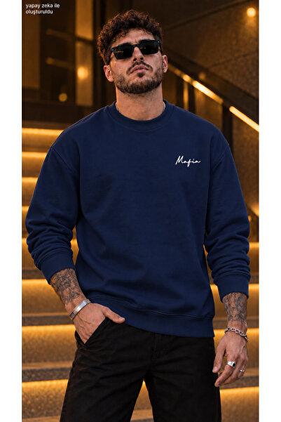 caddekombin Men's Mafia Calligraphy Written Crew Neck Casual Regular Fit Swea...