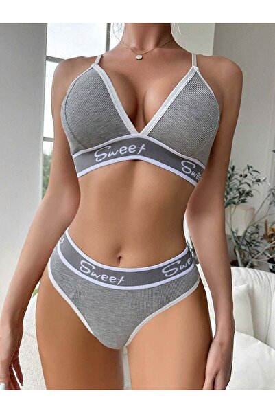 Şeker Portakalım Women's grey sweet bra and panty set 5198