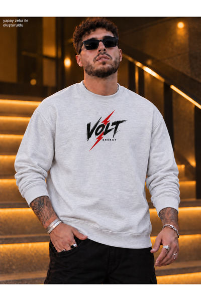 caddekombin سويت شيرت رجالي بتفاصيل شيمبيكس وطباعة Volt Energy وياقة دائرية و...