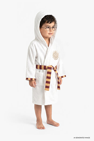 Puffy Harry Potter Gryffindor Hooded 100% Cotton Children's Bathrobe - Ecru